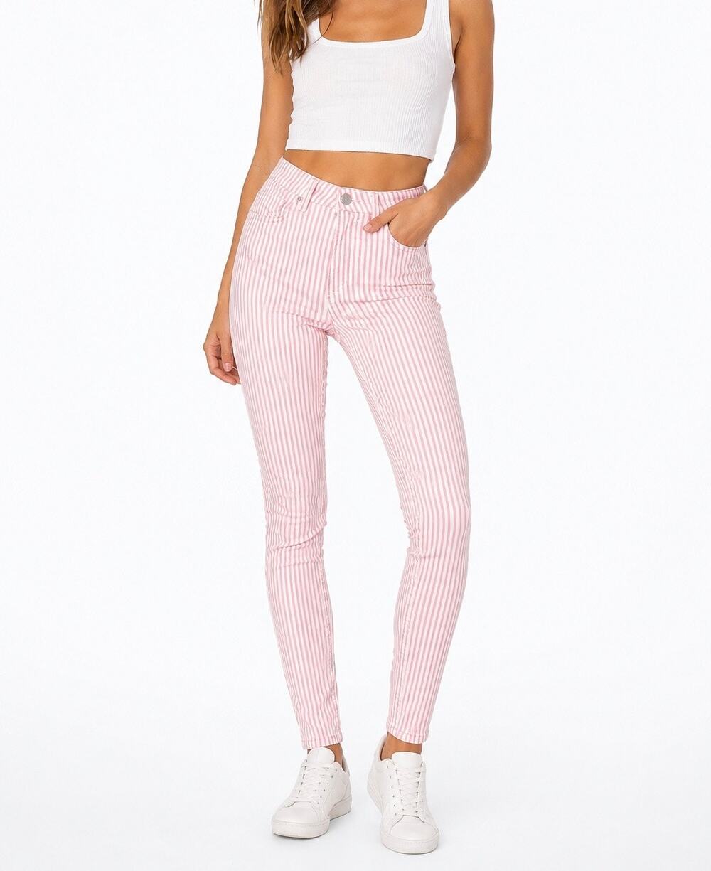 NWT Stradivarius Skinny Super High Waist Pink White Pinstripe Jeans Size 6 - Picture 1 of 13